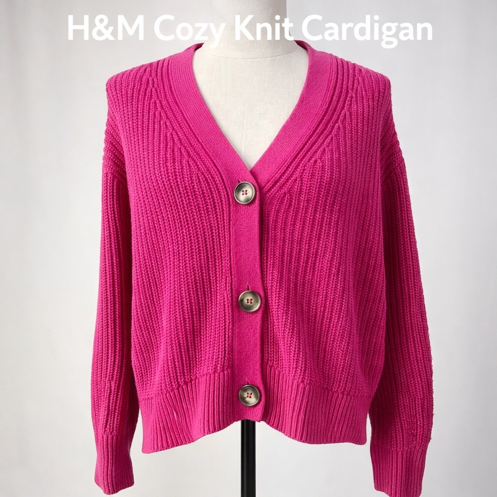 H&M Pink Chunky Knit Cardigan Button Front Cozy Sweater Medium